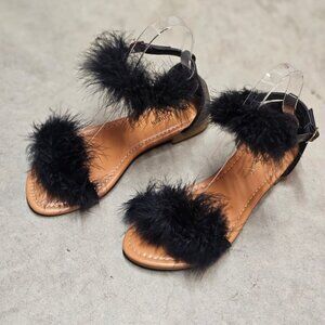 Faux Fur Black Ankle Strap Flat Sandals